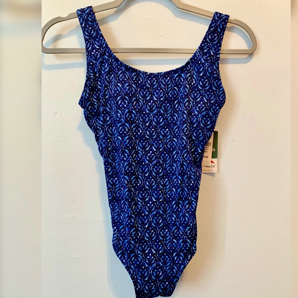 One piece swimsuit, NWT, Blue boho print - LL Bean